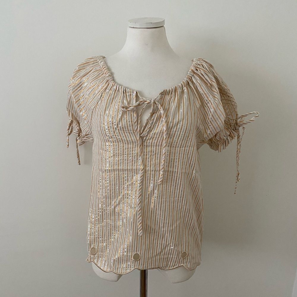 Innika Choi Metallic Lurex Stripe Puff Sleeve Eyelet Blouse 1 NWT